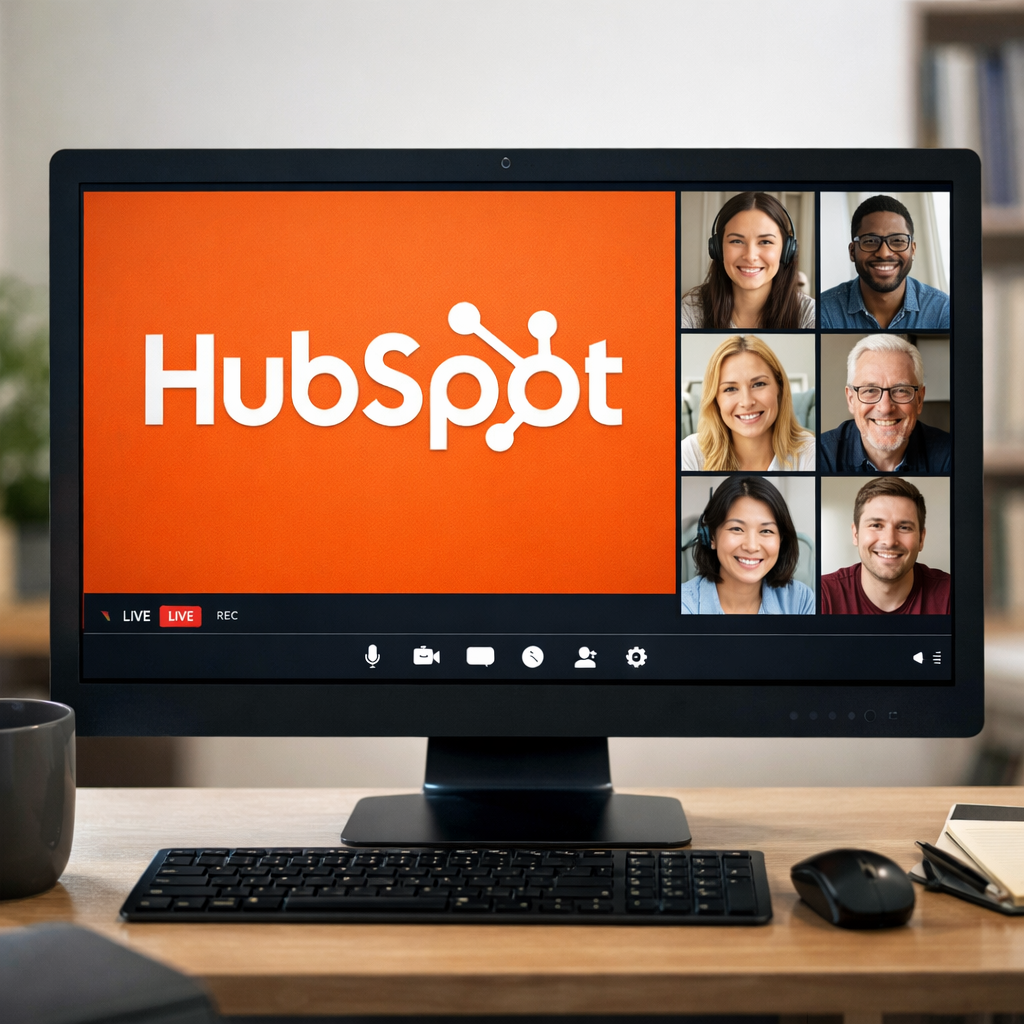 Webinar Attendees Watching Hubspot Logo On Screen Webinar Attendees Watching Hubspot Logo On Screen